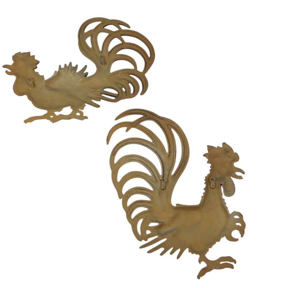 Vtg MCM Cast Metal Rooster Wall Art Hanging Set Mid West Decor Farm Farmhouse - Picture 8 of 12